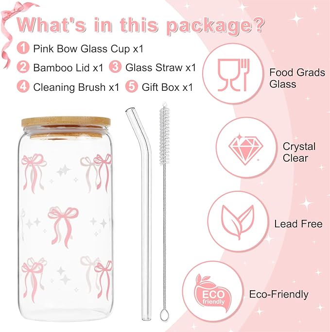 Coquette Pink Bow Glass Cup with Lids and Straws, 16 oz Cute Glass Cup, Aesthetic Iced Coffee Tumbler with Gift Box Cleaning Brush for Teen Girls Gifts Trendy Stuff Women Girlfriends Gifts