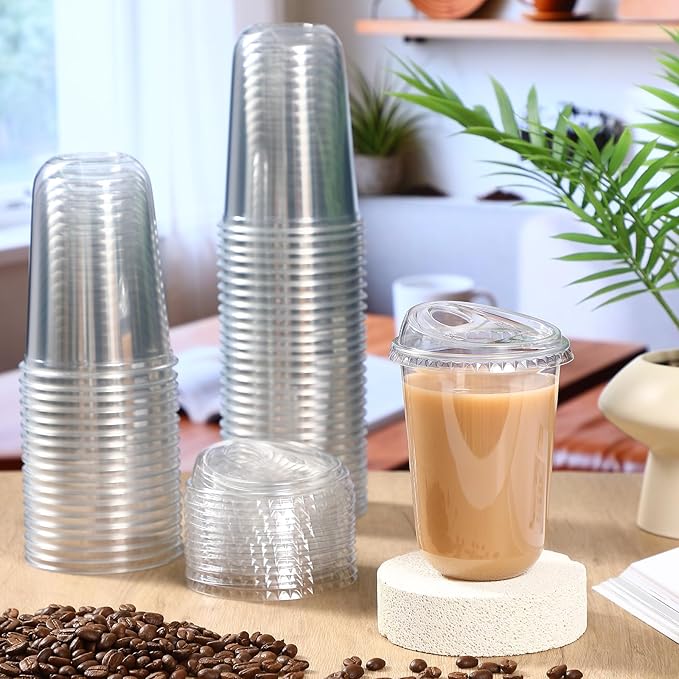 Baderke 50 Pcs Plastic Cups with Sip Lids Round Bottom Disposable Plastic Coffee Cups with Lids Clear Strawless Crystal Mugs for Iced Coffee Smoothie Cold Beverage Party Catering Supplies (16 oz)