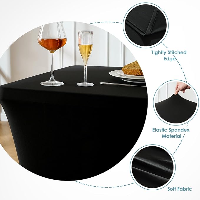 VidaFete Spandex Tablecloth 2 Pack 8FT, Fitted Stretch Table Cover for Rectangle Tables, Wrinkle Resistant and Washable Tablecloths for Outdoor, Picnic, Party, Wedding, Banquet, Birthday, Black
