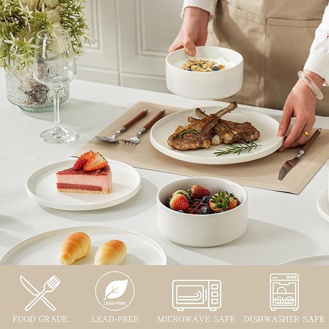 Stoneware Dinner Plates Set of 4, 10.25 Inch Plates for Steak, Pasta, Ceramic Plates Sets, Microwave Safe, Dishwasher Safe, Versatile for All Seasons, Matte White
