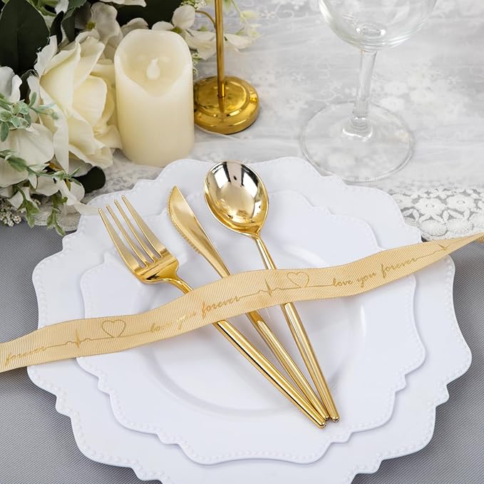 COLOSUS 60PCS White Plastic Plates for 30 guests-Fancy Plastic Beaded Plates,Disposable Christmas plastic plates,Include 30 PCS 10.5" Dinner Plates & 30PCS 8.25" Dessert-Platos for Christmas