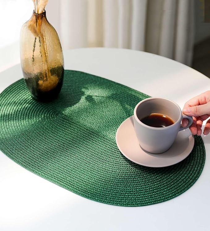FunWheat Oval Braided Placemats Set of 8 Table Mats for Dining Tables Washable Heat Resistant Place Mats for Indoor Outdoor Use 12 x18 Inch(Oval Black Green, 8pcs)
