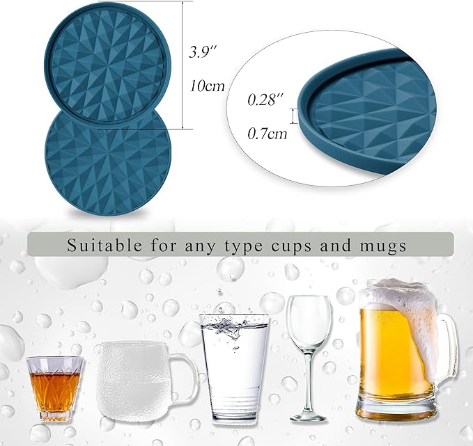 Silicone Coasters for Drinks[8 Pack, No Holder]- Cup Mat for Tabletop Protection-Non-Slip, Non-Stick, Coffee Table Decor, Great Gift for Any Occasion, Dark Blue