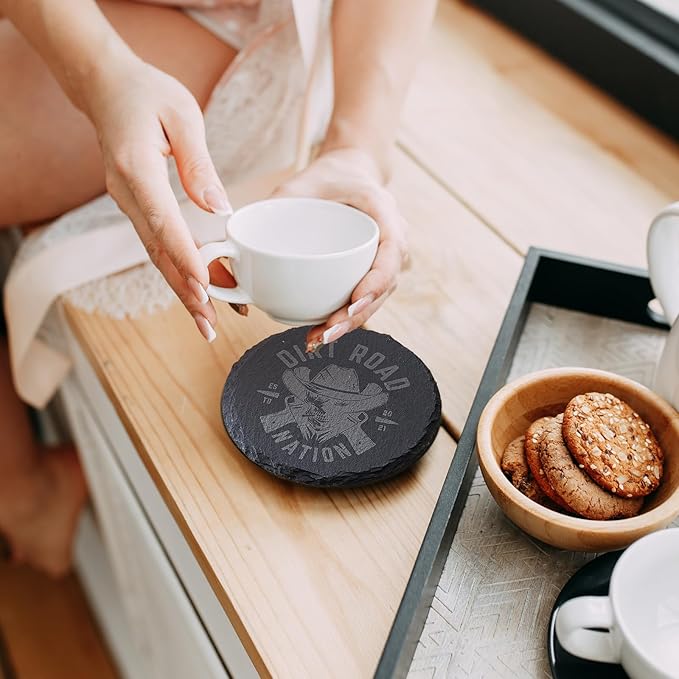 Slate Coasters Set of 6,4-Inch Black Round Stone Drink Coasters with Scratch-Resistant Backing, Durable Tabletop Protection for Home Office Kitchen, Ideal Housewarming Wedding Gifts