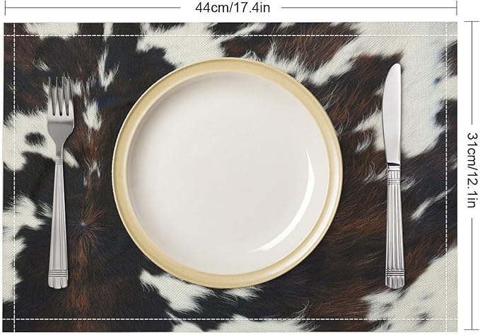 Cow Print Placemats,Black and White Farmhouse Animal Print Place Mats,Western Highlands Pattern Kitchen Table Mats for Dining Kitchen Party Holiday Decor 12x18 in 6 PCS