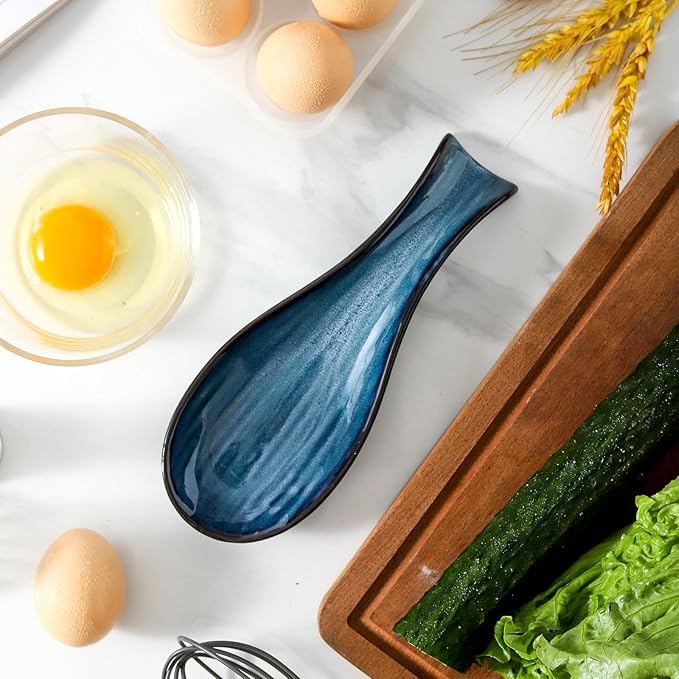 Ceramic Spoon Rest for Stove Top,Large 8.7 Inch Spoon Holder for Kitchen Counter,Porcelain Utensil Rest for Thankgiving and Christmas Gift,Dishwasher Safe and Heat-Resistant,Blue(1 PC)