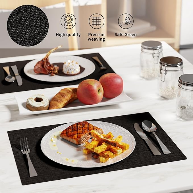 Cloth Placemats, Set of 6 Heat-Resistant Cotton Linen Blend Double Layered Machine Washable Place Mats, Wrinkle Free Thick Fabric Dining Table Mats for Indoors & Outdoors (Black, 6)