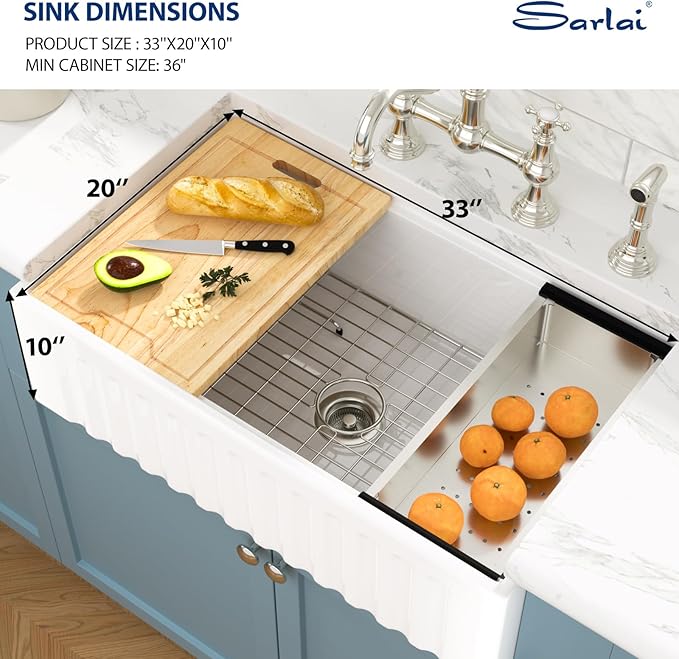 Sarlai 30 White Farmhouse Kitchen Sink - 30x20 Inch Farm Kitchen Sink Reversible Design Ledge Workstation White Ceramic Porcelain Fireclay Farmer Sinks 10" Inch Deep Single Bowl Basin