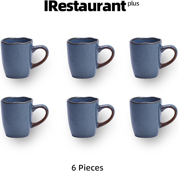 Organic Shape Highland Ceramic Mug, 6pcs 12oz Handmade Reactive Glaze Stoneware Coffee Mug with Wavy Edge, for Kitchen, Microwave & Dishwasher Safe, Scratch Resistant-Blue