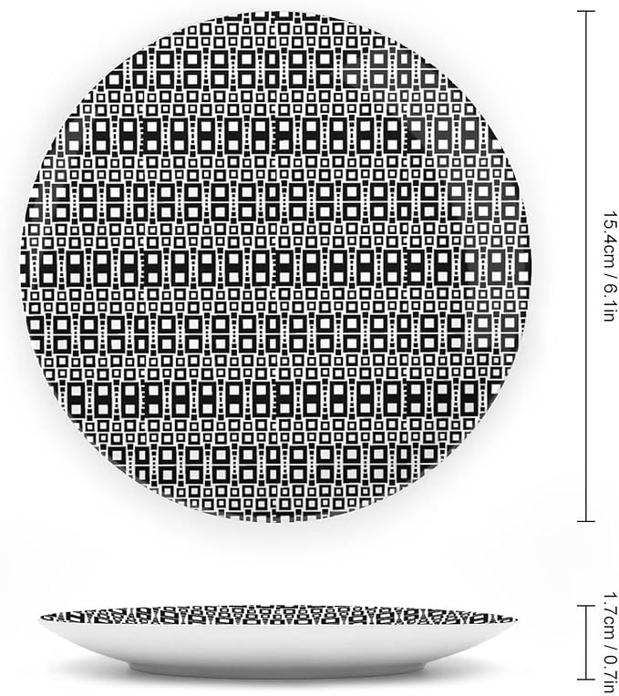 Ceramic Display Plate, Abstract Ceramic Hanging Decorative Plate, Monochrome Squares of Motif Grid Design Geometric, 10 Inch, Living Room Kitchen Decoration Household, Black White