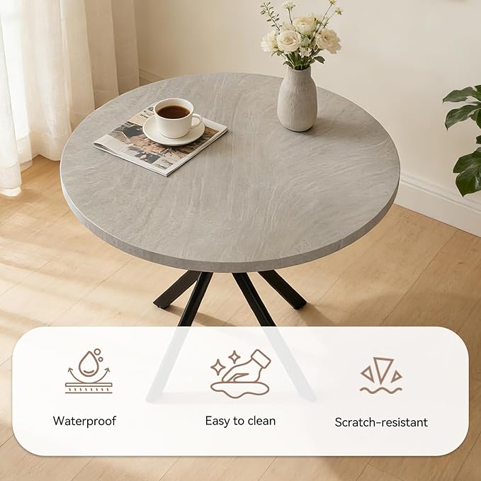 44" Round Dining Table with Cozy Chair Set for 4, Modern Mid-Century Dining Table Set of 4, Dinette Sets with Metal Leg for Kitchen Dining Room Apartment(Gray Table + Beige Chairs)