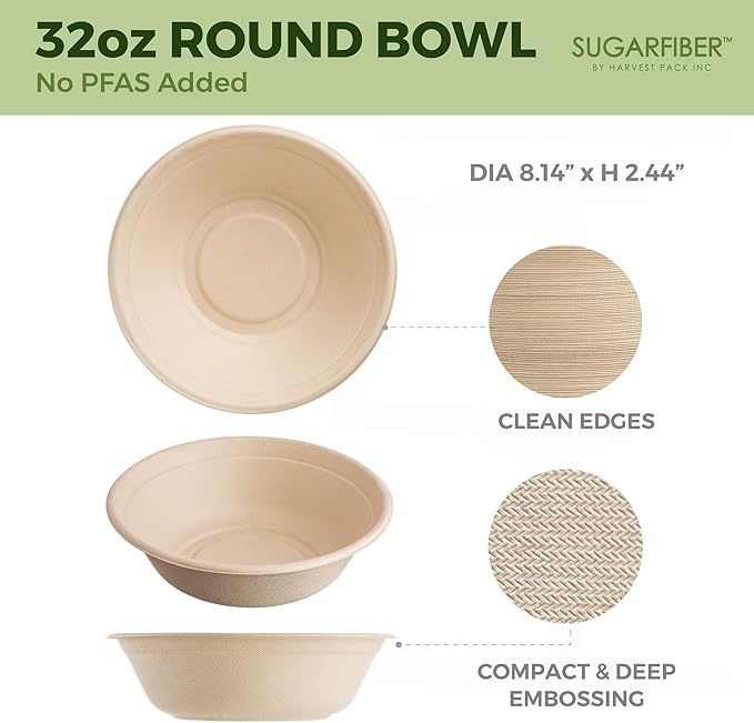[500 COUNT]Harvest Pack PFAS FREE 32oz Compostable Round Paper Bowls, Heavy-Duty Eco-Friendly Disposable Bagasse Large Soup Bowls, sugarcane made for Meal Prep Takeout Dinnerware, Microwave Safe