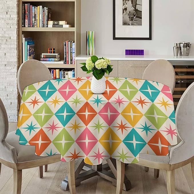 Abstract Geometric Round Tablecloth, Mid Century Retro Abstract Vintage Tablecloth for Home Party Dining Room Kitchen Decor 50Inch(127cm)
