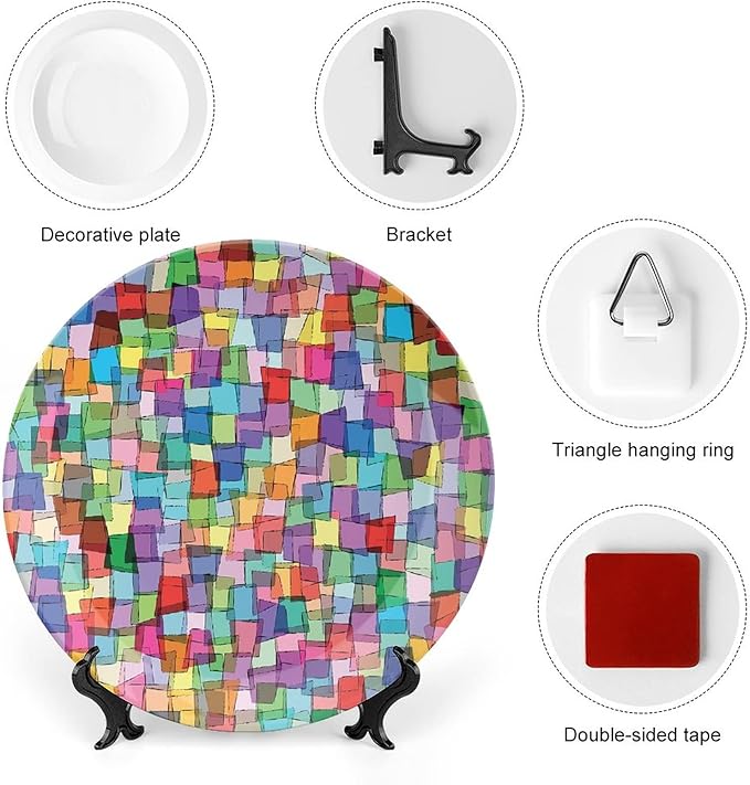 Decorative Plates, Abstract Print Ornament, Mosaic Tile Pattern Colorful Squares Cubes, 7 Inch, 1 Plate with 1 Display Stand, Multicolor