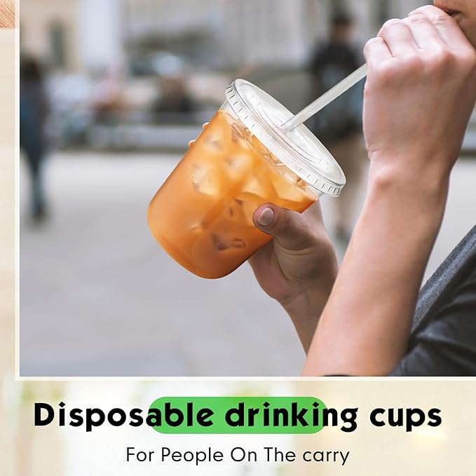 50 Sets Clear Plastic Cups with Lids and Straws, Disposable Iced Coffee Cups Drinking PET for Cold Drinks, Juice, Smoothie, Coffee Shops, Party, Christmas (Clear,14 oz)
