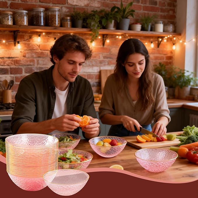 Tinybee 30 Pack Pink Plastic Bowls - Pink Disposable Bowls for Party with Gold Rim, 16-20oz Premium Hammered Bowls Disposable Heavy Duty, Plastic Salad Bowls for Milk Cereals, Snacks, Salads