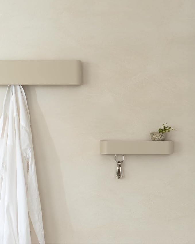 Kazai.® Coat Rack Wall Mount with Shelf 'Tone' | Modern Design Coat Hanger with Hidden Hooks and Storage | Hat Rack with Shelf in Metal | Wall-Mounted Purse Organizer | Taupe