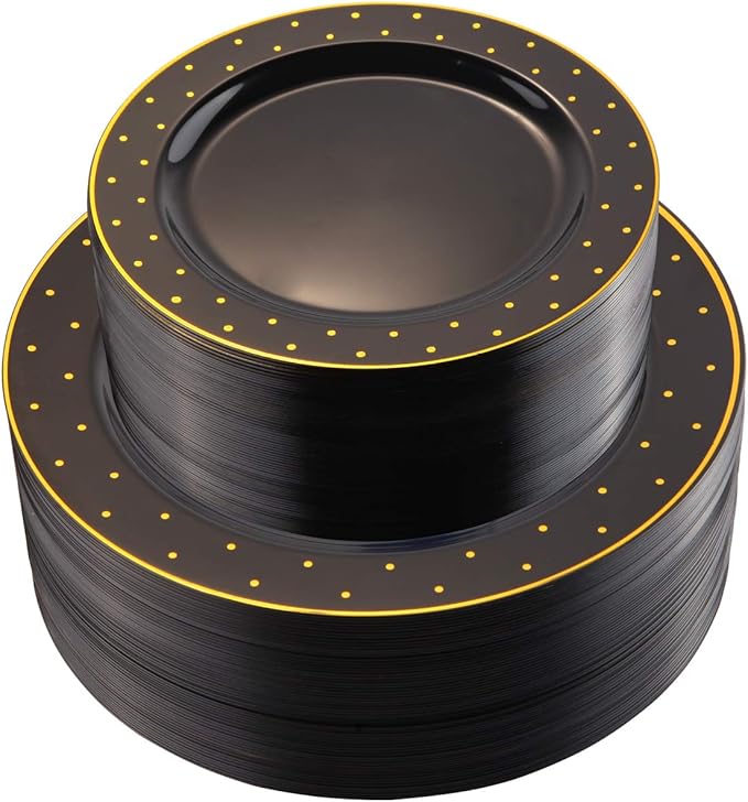 I00000 102 Pcs Black and Gold Plastic Plates, Black Disposable Party Plates Include 51 Dinner Plate 10.25’’ and 51 Dessert Plate 7.5’’ Perfect for Birthday, Wedding & Party
