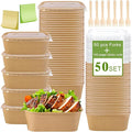 50-Pack 34oz Kraft Paper Bowls Disposable with Lids and Wooden Forks, Disposable Meal Prep Containers Paper Food Prep Containers with Lids, To Go Container for Hot Soup/Salad, Freezer & Microwave Safe