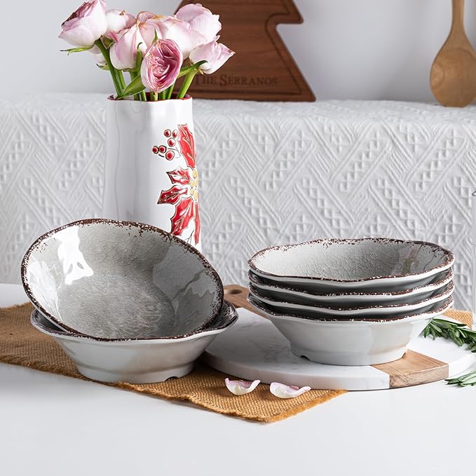 LEHAHA Melamine Salad Bowls Set, 7”x2” Round Small Pasta Bowls Set, Set of 6 Melamine All Purpose Bowl sets, Great for Everyday Use, Warm Gray