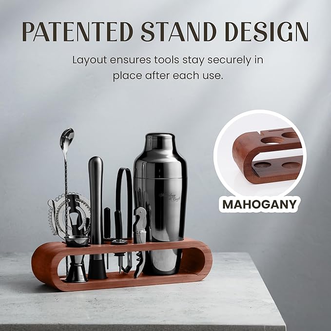 Mixology & Craft Cocktail Shaker Set with Dark Bamboo Stand - Professional 10-Piece Bartender Kit - Complete Bar Set & Cocktail Mixer Kit for Home (Gun Metal)