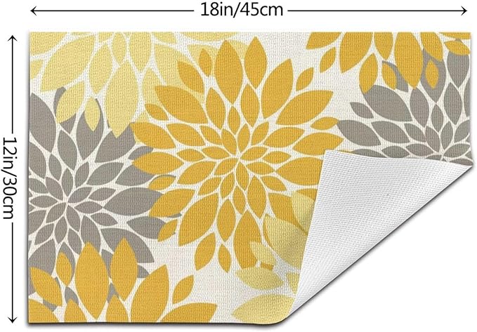 Boho Placemats 12x18 Inches Set of 4, Yellow Gray Dahlia Floral Decorative Place mats Fall Rectangle Flower Table Mats for Party Home Kitchen Dining Table Decor