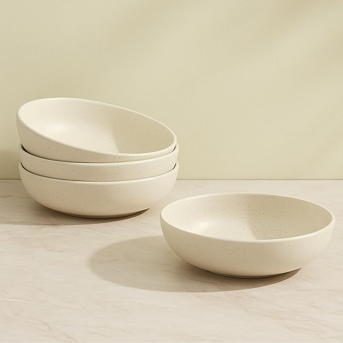 Ceramic Pasta Bowls Set of 4 – 40oz Extra Large Dinner Bowls, Deep Plates Salad Bowl for Eating, Pasta Plates, Stoneware Shallow Bowl Plate Set, Dishwasher & Microwave Safe - Beige