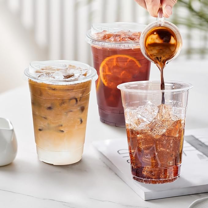 16 oz 100 Pack Clear Plastic Cups with Lids, Sturdy Iced Coffee Cups with Sip Lids, Disposable Food Safe Smoothie Cup for Cold Drinks, Juice, Milkshake