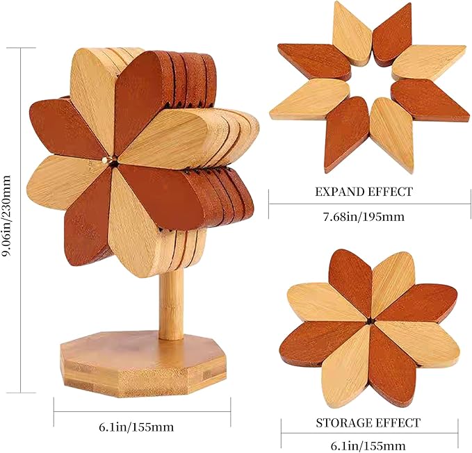 Wooden Placemats - Tree Washer Set, Wooden Pinwheel Coaster Set with Stand for Easy Storage - for Fondue pots, Pans, Bowls, teapots, Warming Trays - Versatile Decorations (Windmill placemats 5 pcs)