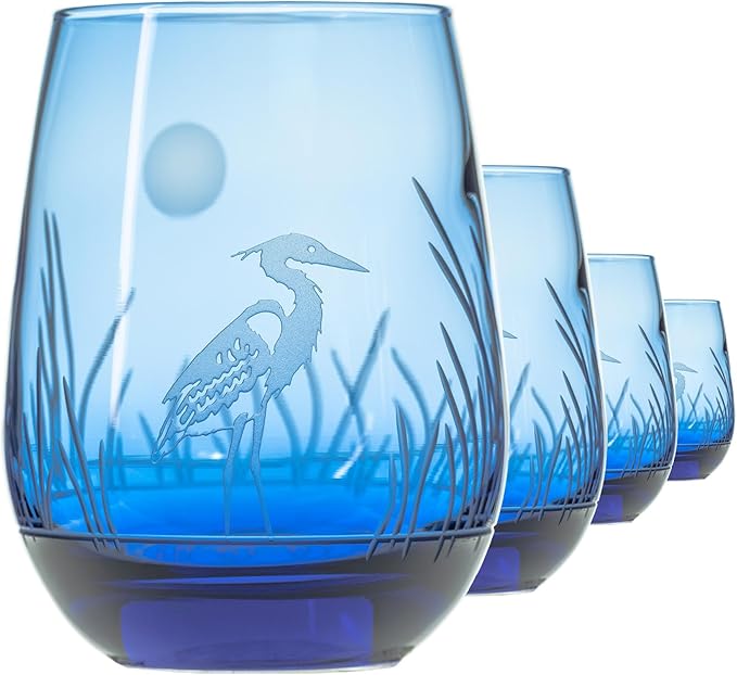 Rolf Glass Heron Blue Stemless Wine Glass | 15oz Stemless Tumbler | Engraved Lead-Free Coastal Glassware | Made in the USA | Blue Heron Engraved Design | Set of 4