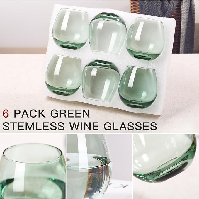 Green Stemless Wine Glasses Set of 6-15oz -Modern Hand-Blown Wine Glasses, European Design Crystal Glass For Red & White Wine, Unique Gifts for Wedding, Birthday