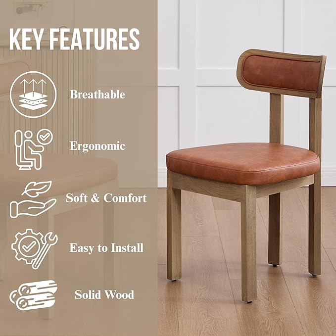 Brown Dining Chairs Set of 6, Mid Century Modern Leather Dining Room Chairs with Curved Back, Armless Kitchen Chairs for Living Room/Restaurant/Balcony/Bedroom/Home Desk/Task
