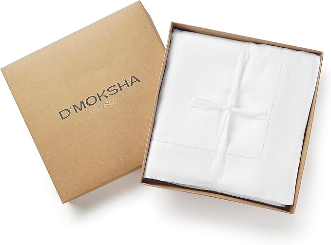 D'Moksha Homes White Linen Tablecloth for Rectangle Tables 60 x 90 Inch - 100% Pure Linen White Table Cloth - Classic Hemstitch, Machine Washable Tablecloth for Valentines, Spring, Easter