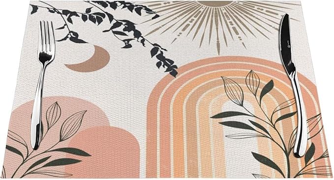 Mid Century Abstract Boho Placemats Geometric Leaf Sun Minimalist Modern Cafe Washable Place Mats 12x18Inch for Dining Kitchen Farmhouse Decor 6 PCS