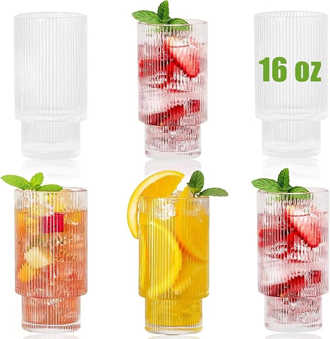 Ribbed Glassware Vintage Drinking Glasses - 16 oz Glassware Stackable Highball Origami Style Glass Cup Fluted Vertical Stripes Romantic Water Drinking Cups Set of 6 Dishwasher Safe