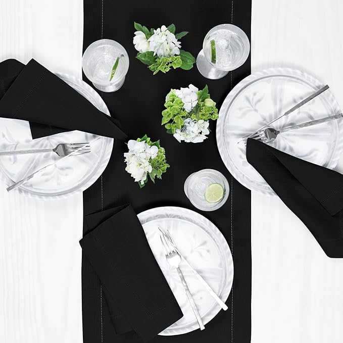 Solino Home Linen Black Table Runner 60 Inches - Classic Hemstitch, 100% Pure Linen Coffee Table Runner 14 x 60 Inch Ideal for Dresser Tables - Spring, Easter