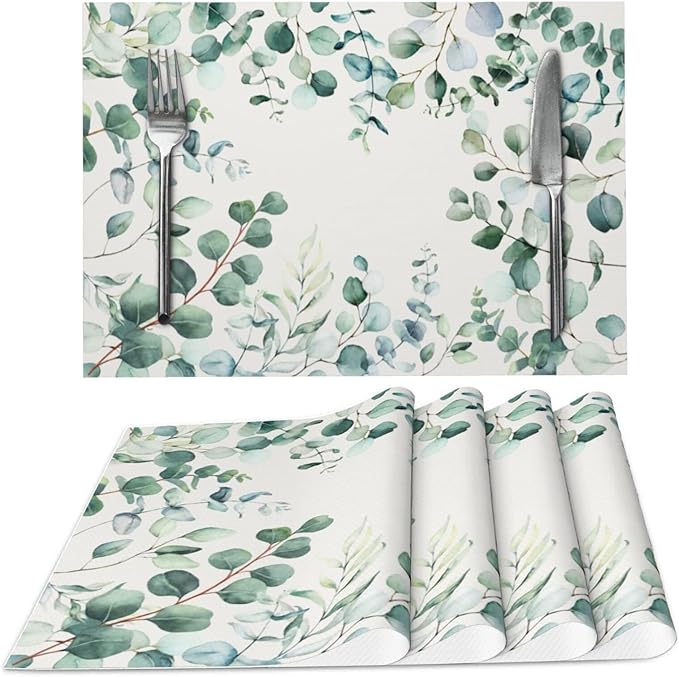 Eucalyptus Leaves Placemats Set of 4 Washable Table Place Mats for Dining Kitchen Party Decor