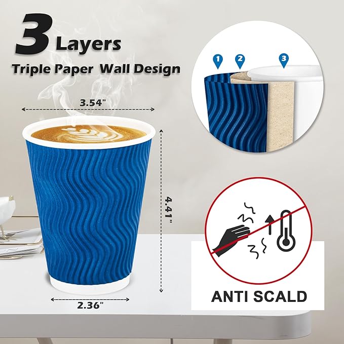 Lamosi 12 oz Insulated Coffee Cups Disposable - 50 Count Blue Paper Coffee Cups No Lids 12oz, Corrugated Ripple Wall Design for Hot Cold Drinks