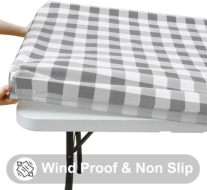 Smiry Rectangle Picnic Table Cloth, Elastic Waterproof Fitted Vinyl Tablecloths, Flannel Backed Buffalo Plaid Table Covers for Dining, Camping, Outdoor (White and Grey, 36" x 72")