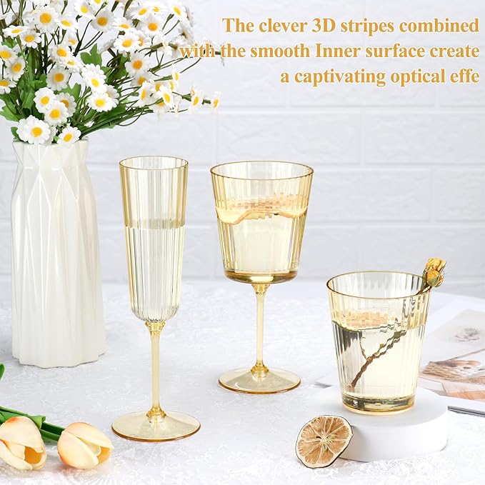 48 PCS Gold Ribbed Plastic Wine Glasses 13.5 OZ Ribbed Wine Glasses Detachable Wine Glass Elegant Fluted Glassware Vintage Style for Wedding Anniversary Birthday Dinner Parties