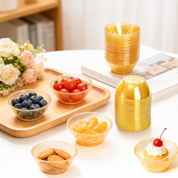 WUWEOT 150 Pack Gold Glitter Mini Plastic Bowls, 6Oz Disposable Dessert Bowls, Round Serving Bowl Small Party Snack Salsa Containers for Wedding Baby Shower Birthday Party