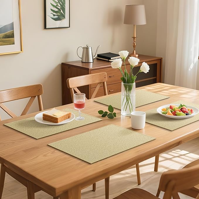 Blue Forest Placemats Set of 6, Dual-Layered Thickened Faux Linen Table Mats Heat Resistant Machine Washable Wrinkle Free Place Mats for Kitchen Dining Outdoor/Indoor (Beige)
