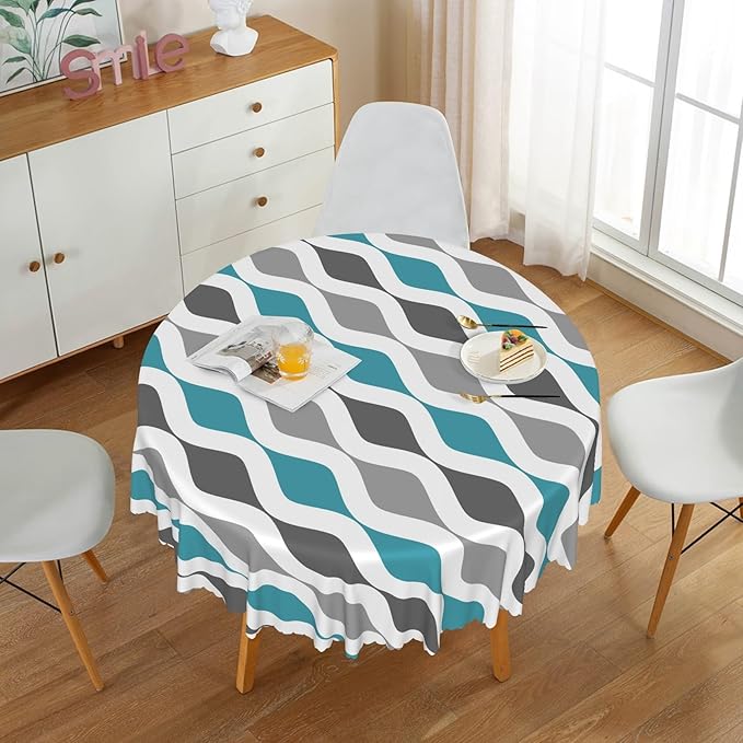 Laeacco 36 Inch Geometric Round Tablecloth Blue and Grey Waved Stripes Modern Abstract Art Print Table Cloth Washable Waterproof Wrinkle Free Table Cover for Kitchen Dining Picnic Party Decoration
