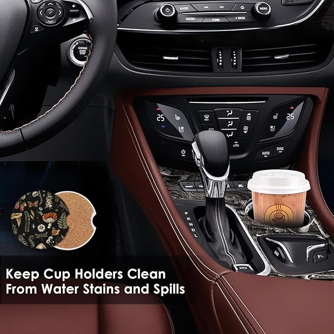 2 Pack Woodland Mushroom Car Coasters for Cup Holders Absorbent 2.56", Vintage Moth Witch Floral, Decoration Flower Wood Fern Leaf Herbs Botanical Ceramic Drink Coasters Cork Base Gift for Women Men