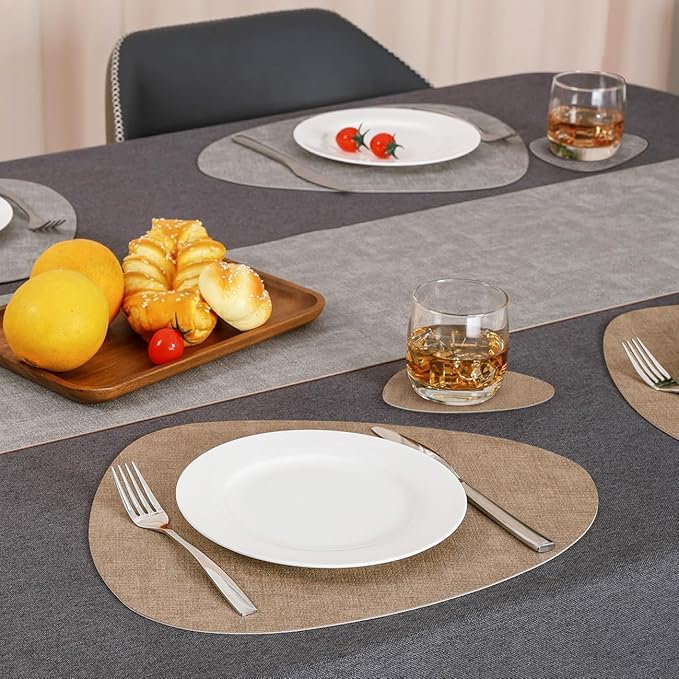 Placemats and Coasters, Washable Placemats Round Faux Leather Wipeable Place Mats Non Slip Heat Resistant Indoor Outdoor Table Mats (Set of 4, Light Gray Beige)