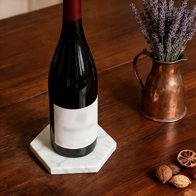 Natural Marble Coasters, Hexagonal Costers, Luxury Aesthetic Modern Decor for Coffee Table Bar Kitchen Home, White Marble, Real Natural Semi Absorbent Stone Coasters