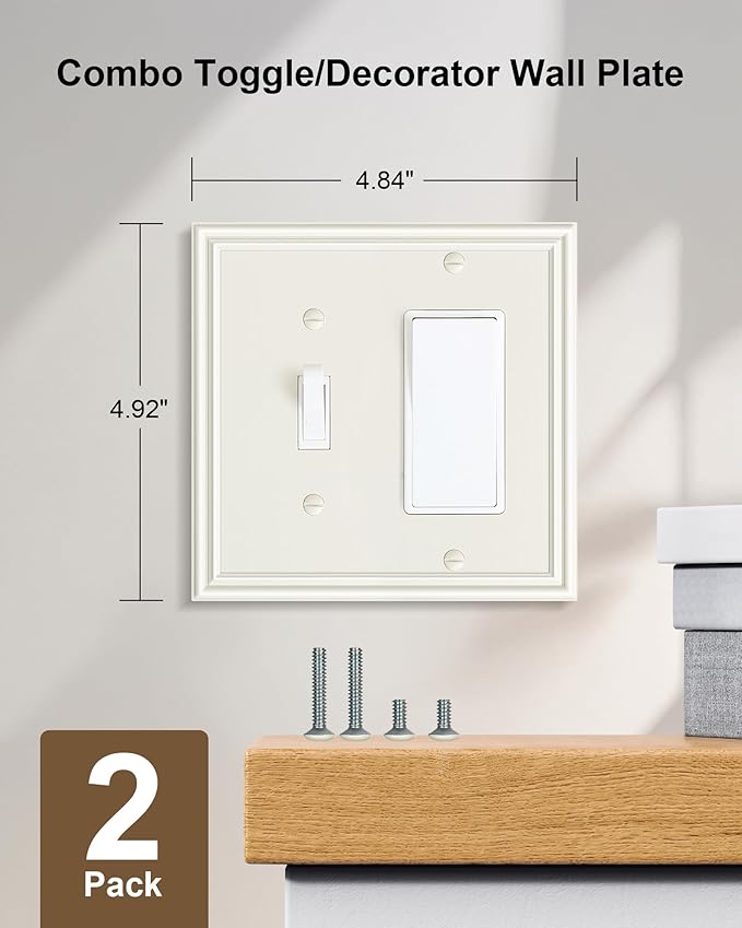 2-Pack Combo Toggle/Decorator Light Switch Cover Plate, Light Almond Decorative Electrical Outlet Covers, Durable Solid Zinc Alloy Wall Switch Plates and Outlet Covers