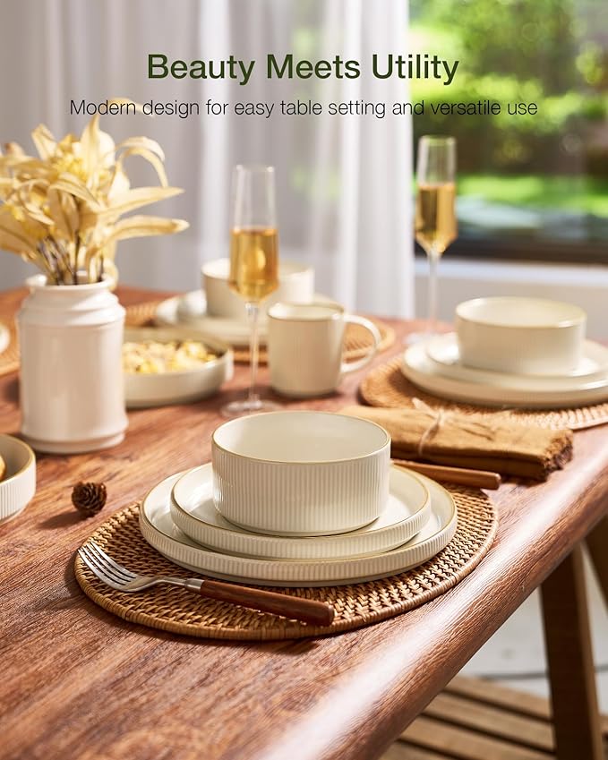 Famiware Star Dinnerware Set with Pasta Bowls, Service for 6 (24 Pieces), Ribbed Stoneware Plates and Double Bowls Sets with Trim - Chip & Scratch Resistant, Microwave & Dishwasher Safe Dishes, White