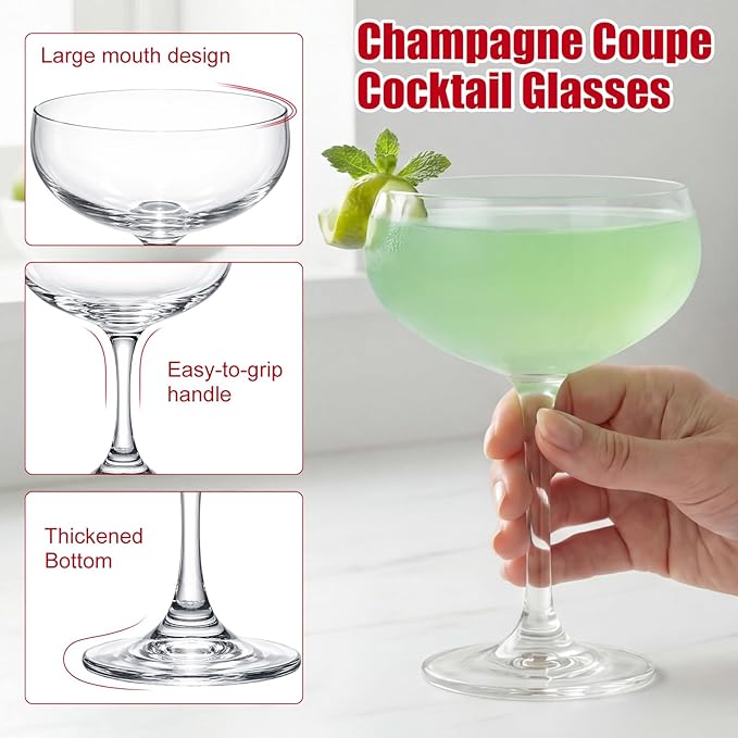 Maxdot 12 Set 7oz Small Champagne Coupe Cocktail Glasses with Metal Cocktail Picks, Clear Elegant Handblown Coupe Glasses Bulk Crystal Espresso Martini Cups for Home Parties Wedding Bar