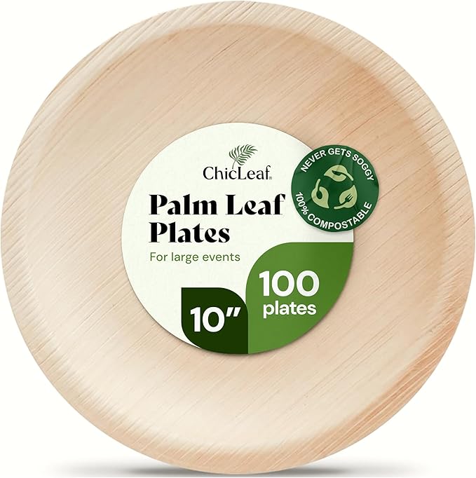Chic Leaf Round Palm Leaf Plates - 10", Pack of 100 - Durable Party Pack - Dinner Eco Friendly Party Supply & Wedding Plates - For Charcuterie Board Accessories, Romantic Dinner for 2
